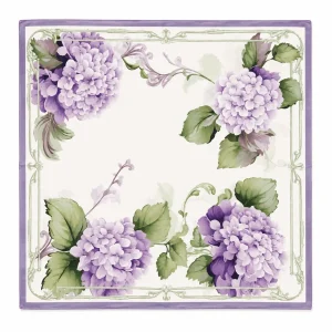 Pañuelo de seda natural estampado flores violetas sobre fondo beige de 52×52 cm