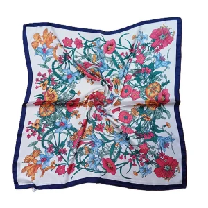 Pañuelo de semi seda 70×70 cm Flores blanco y azul