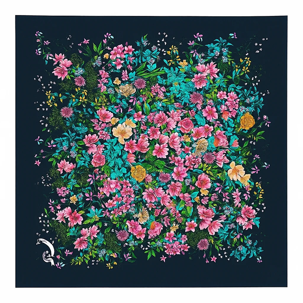 Pañuelo de semi seda grande negro con flores 130×130 cm - Imagen 3