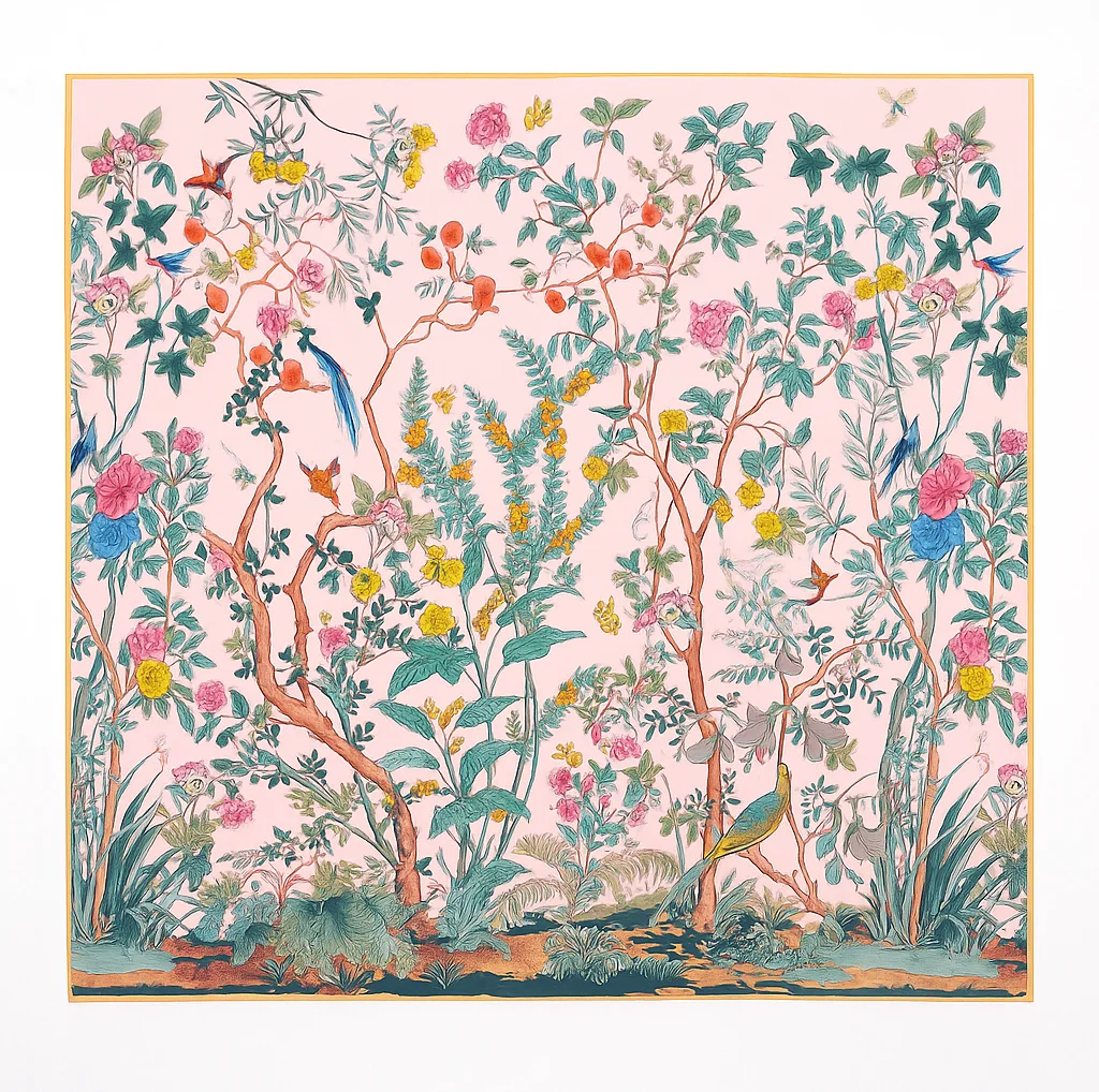 Pañuelo de semi seda 90×90 cm rosa estampado - Imagen 3