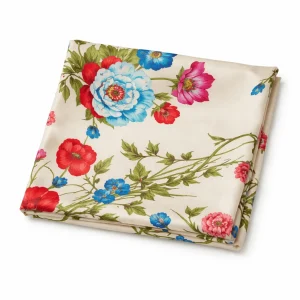 Pañuelo de semi seda beige con flores 130×130 cm