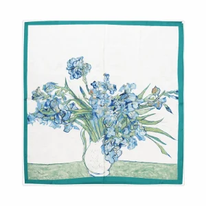 Pañuelo de semiseda blanco con lirios azules 70×70 cm