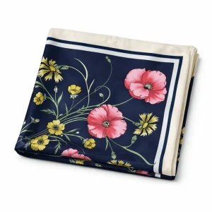 Pañuelo de semi seda grande azul marino y crudo con flores 130×130 cm