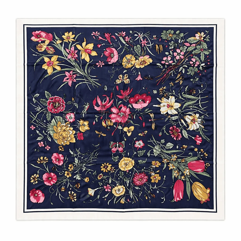 Caftan largo de pañuelos de semi seda azul con flores - Imagen 7