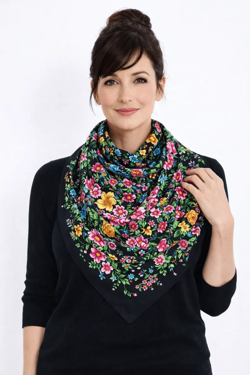 Pañuelo de semi seda grande negro con flores 130×130 cm - Imagen 5