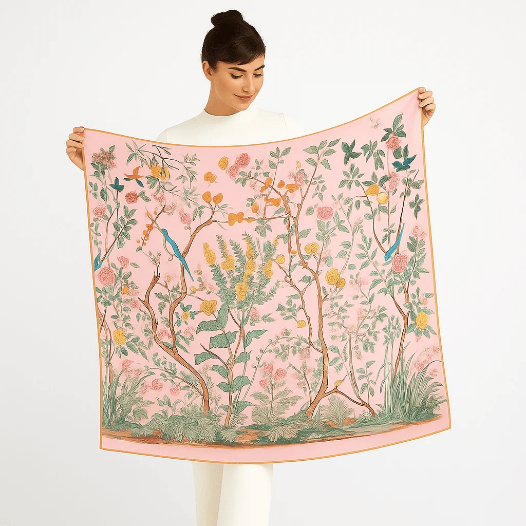 Pañuelo de semi seda 90×90 cm rosa estampado - Imagen 5