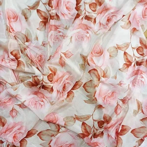 Pañuelo de seda fular Beige con flores rosas