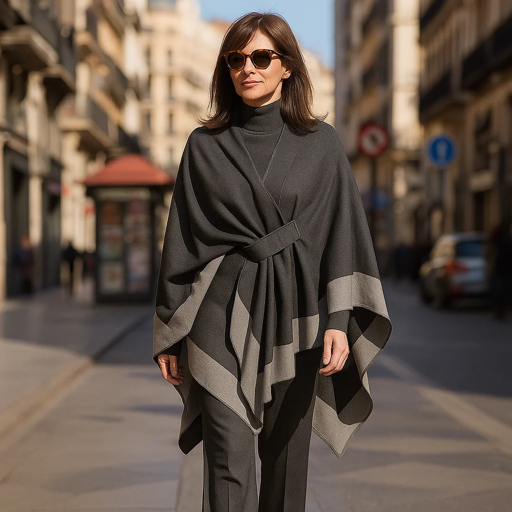 Poncho capa gris oscuro y claro con trabilla