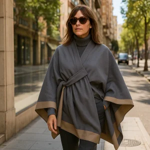 Poncho capa gris y cámel con trabilla