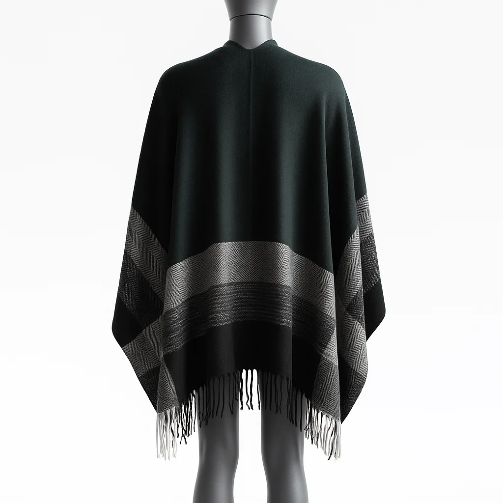 Poncho capa negro y rayas grises con trabilla - Imagen 4