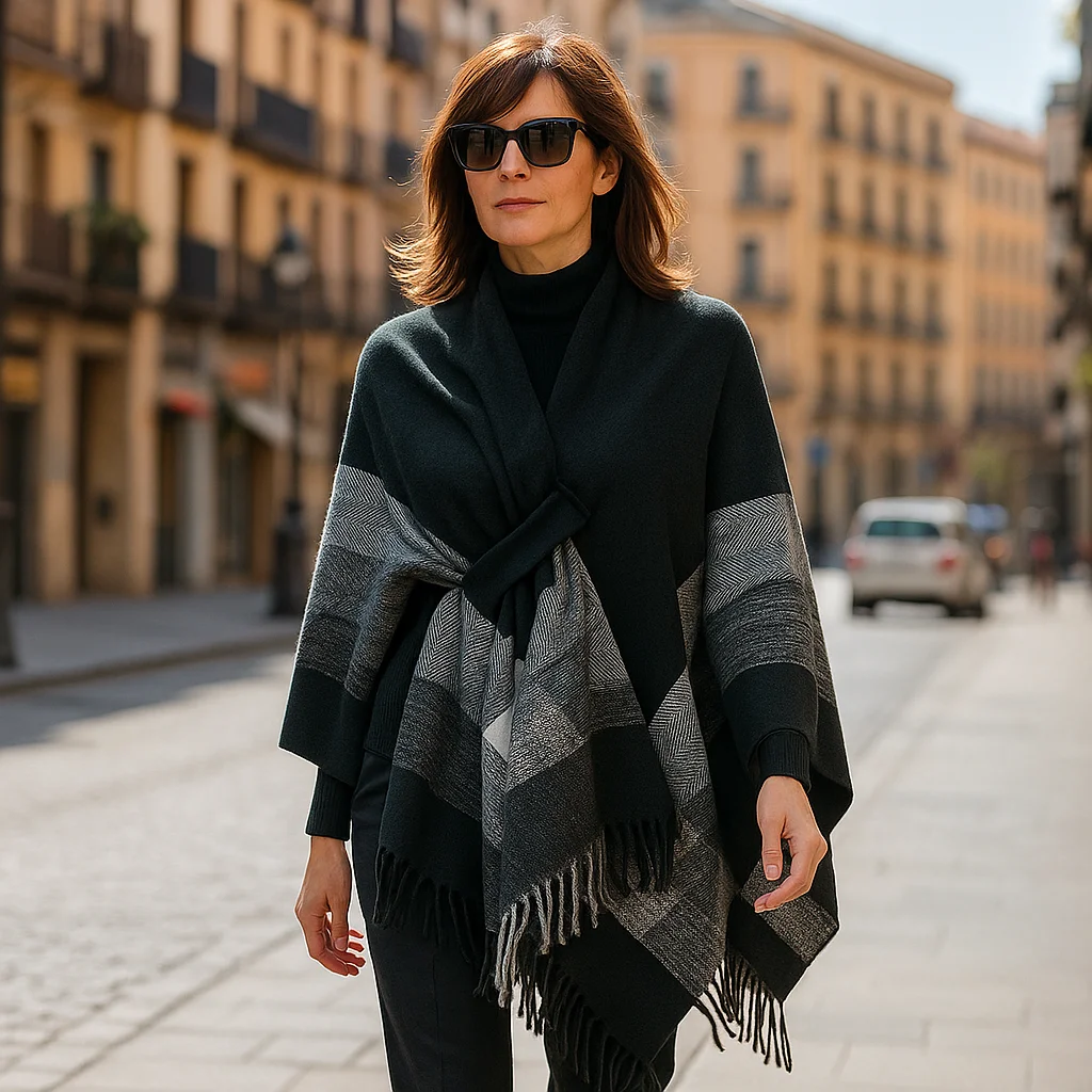 Poncho capa negro y rayas grises con trabilla - Imagen 2