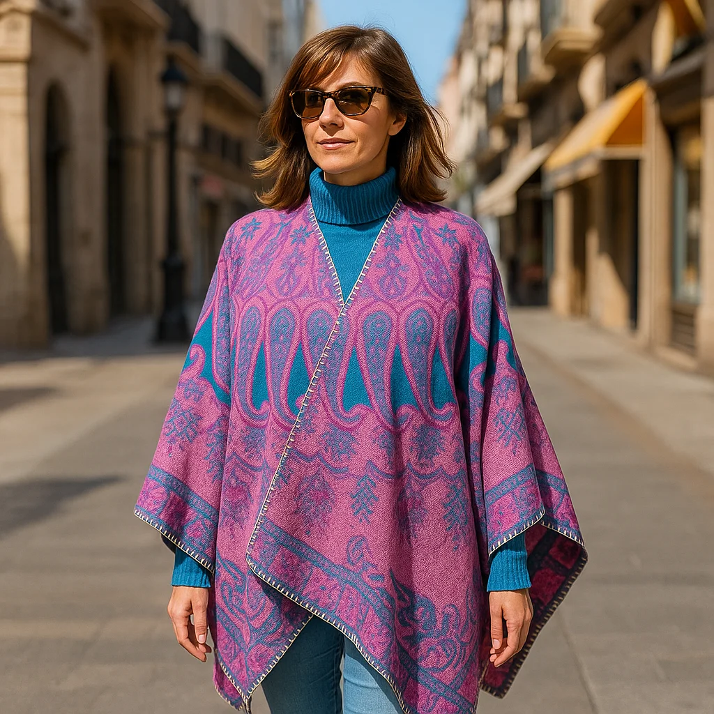 Poncho capa reversible estampado azul y fucsia - Imagen 5