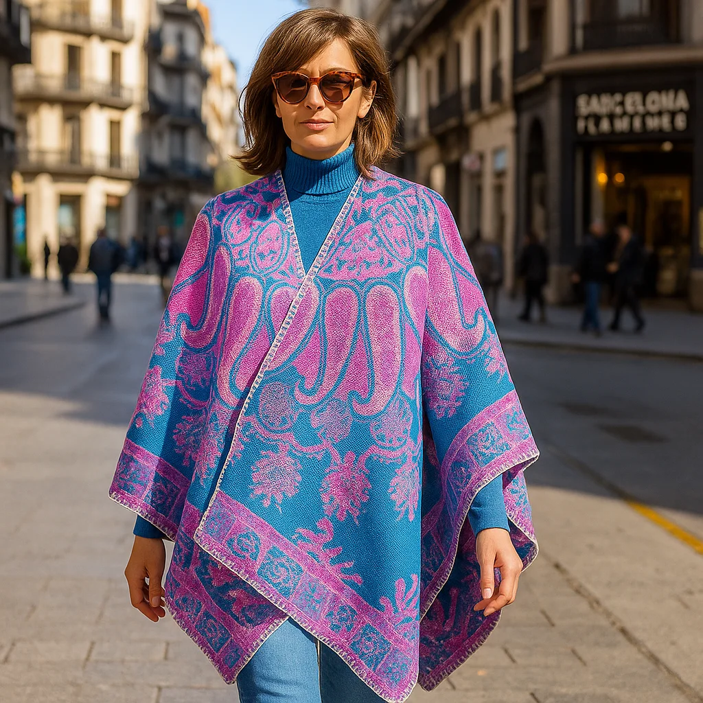 Poncho capa reversible estampado azul y fucsia - Imagen 4