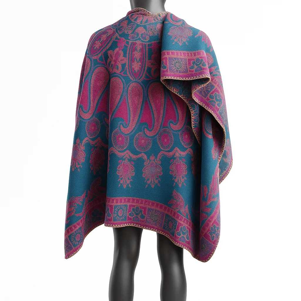 Poncho capa reversible estampado azul y fucsia - Imagen 3