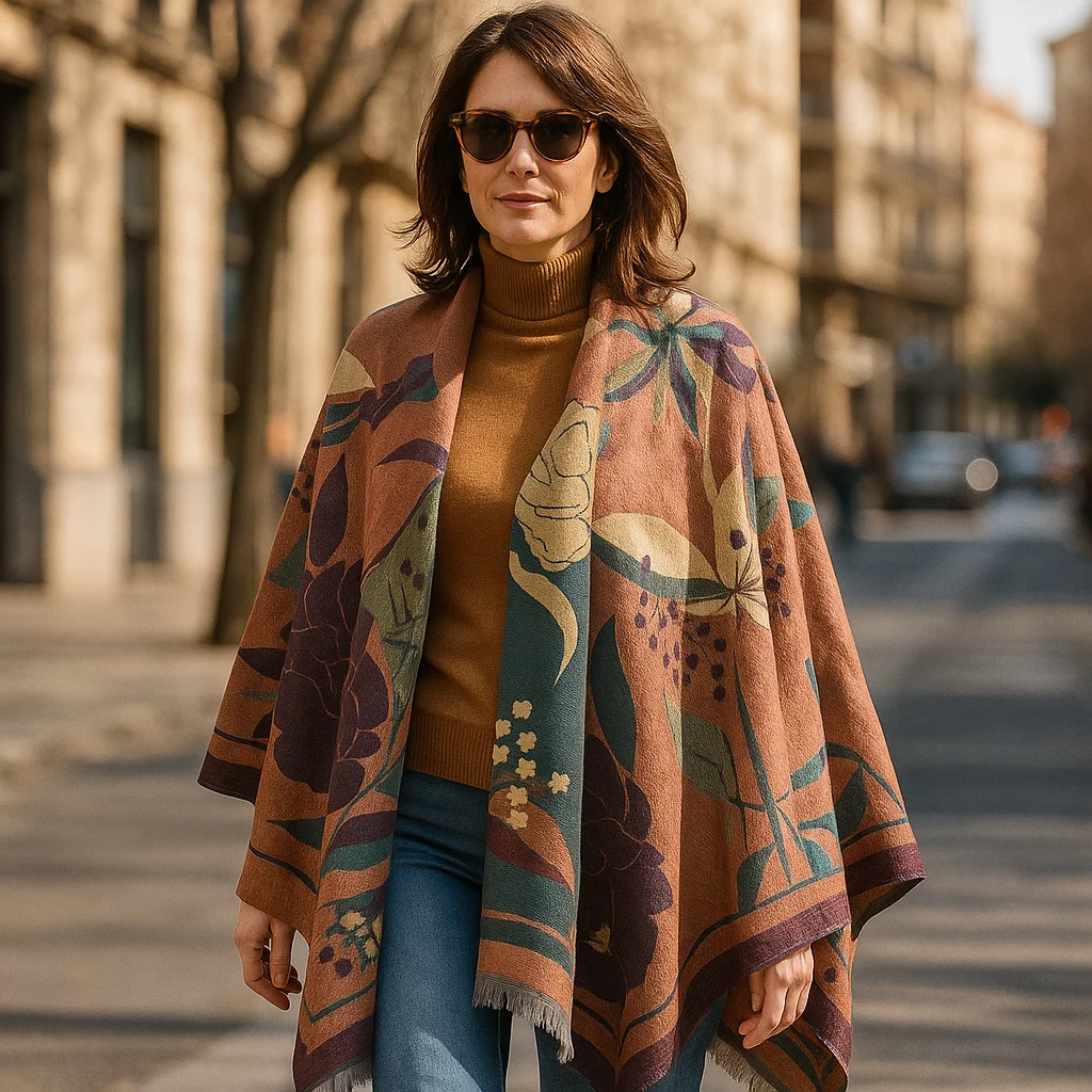 Poncho capa reversible estampado flores verde y cámel - Imagen 5