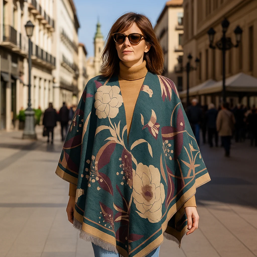 Poncho capa reversible estampado flores verde y cámel - Imagen 4