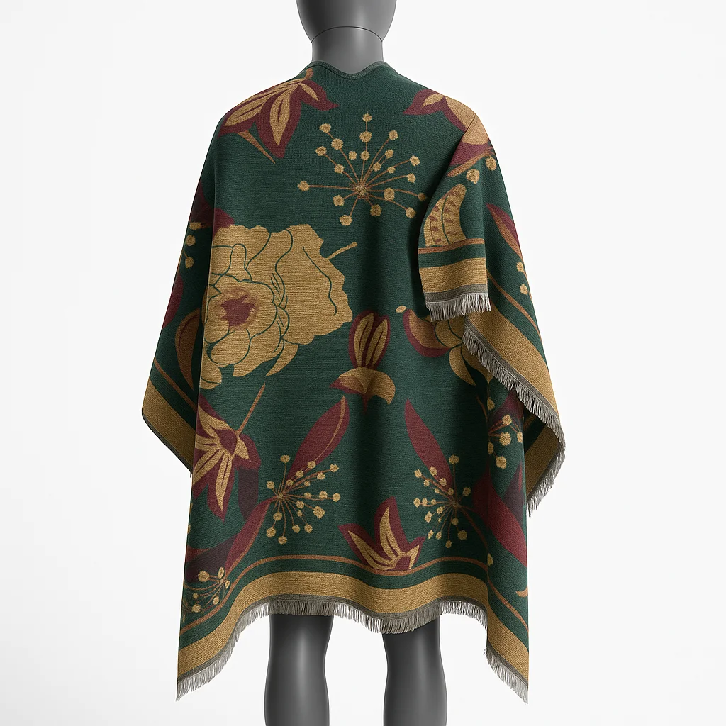 Poncho capa reversible estampado flores verde y cámel - Imagen 3