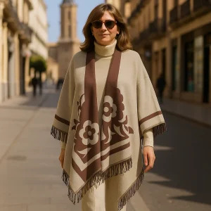 Poncho capa reversible marrón y beige estampado