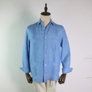 Guayabera con jaretas plisadas lino azul medio