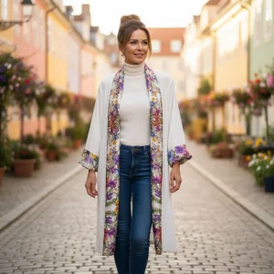 Abrigo kimono reversible de terciopelo blanco y seda estampada