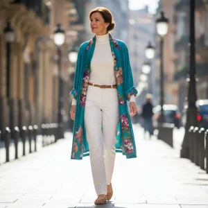 Abrigo kimono reversible de terciopelo turquesa y seda estampada