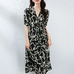 Vestido cruzado de seda con estampado abstracto para mujer Vestido midi de seda Vestido de manga corta con cuello en V