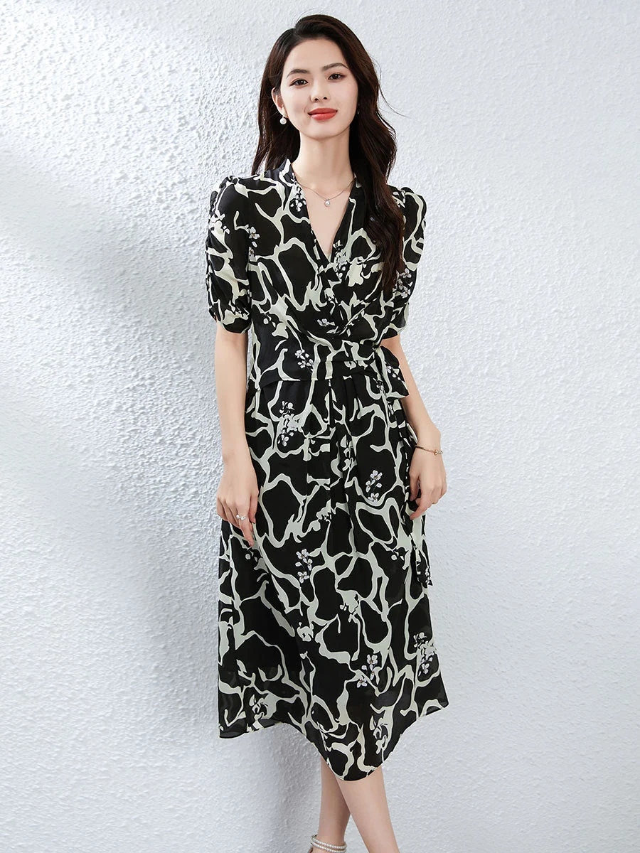 Vestido cruzado de seda con estampado abstracto para mujer Vestido midi de seda Vestido de manga corta con cuello en V