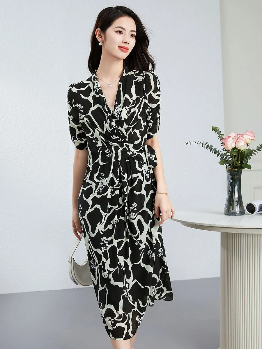 Vestido cruzado de seda con estampado abstracto para mujer Vestido midi de seda Vestido de manga corta con cuello en V - Imagen 3