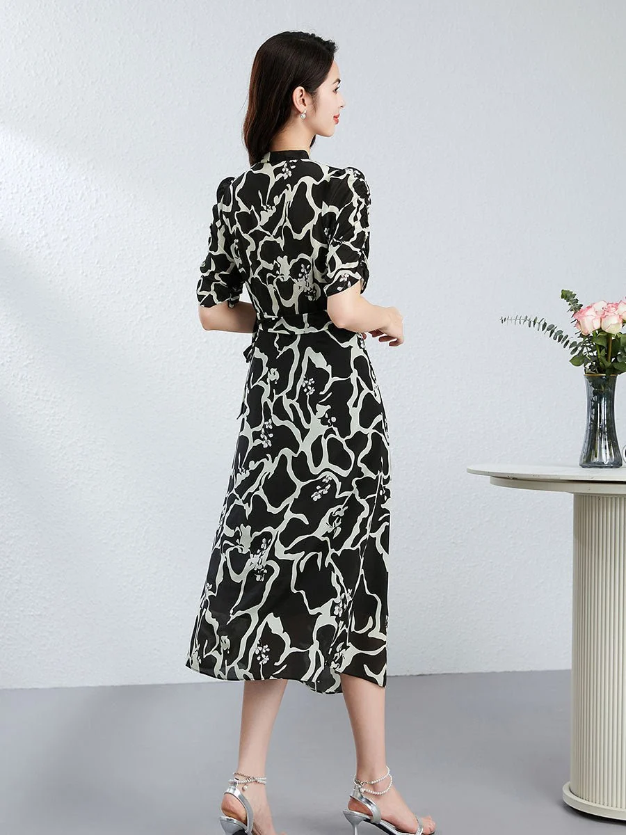 Vestido cruzado de seda con estampado abstracto para mujer Vestido midi de seda Vestido de manga corta con cuello en V - Imagen 5