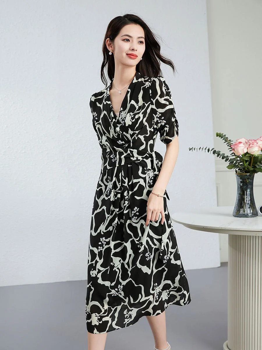 Vestido cruzado de seda con estampado abstracto para mujer Vestido midi de seda Vestido de manga corta con cuello en V - Imagen 4