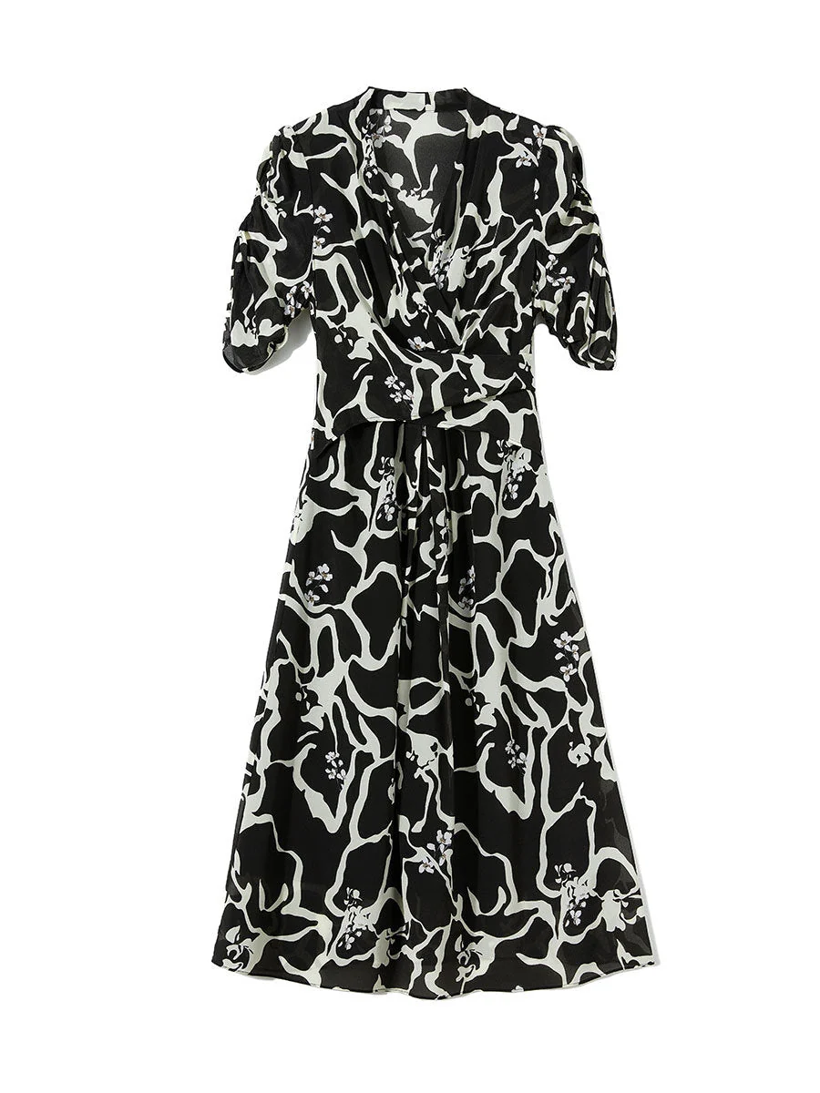 Vestido cruzado de seda con estampado abstracto para mujer Vestido midi de seda Vestido de manga corta con cuello en V - Imagen 6