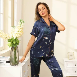 Pijama de seda con estampado de galaxia para mujer Conjunto de pijama de seda con estampado
