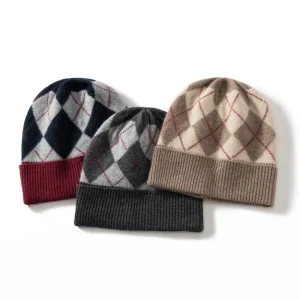 Gorro de punto de cachemira Argyle Gorro de invierno de cachemira estampado Sombrero de cachemira de diamantes