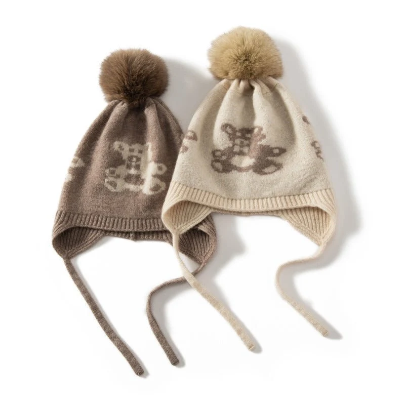 Gorro con orejeras de punto de cachemira para niños con pompón y osito de peluche Gorro de cachemira - Imagen 9