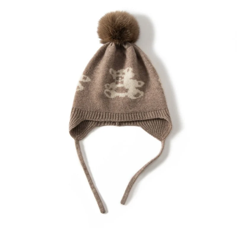 Gorro con orejeras de punto de cachemira para niños con pompón y osito de peluche Gorro de cachemira - Imagen 8