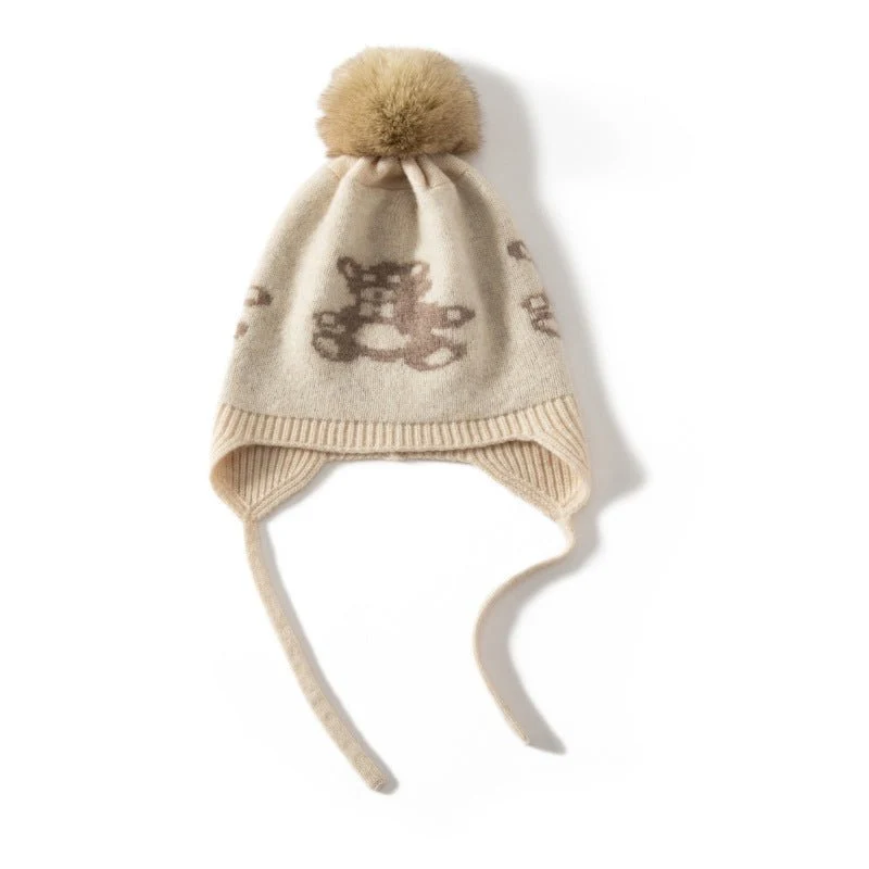 Gorro con orejeras de punto de cachemira para niños con pompón y osito de peluche Gorro de cachemira - Imagen 7