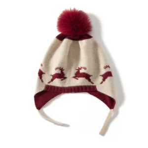 Gorro de cachemira con estampado de renos para bebé Gorros de cachemira para niños con pompón de piel