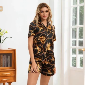 Conjunto de pijama de seda con estampado de cadenas barrocas Ropa de dormir de seda estampada