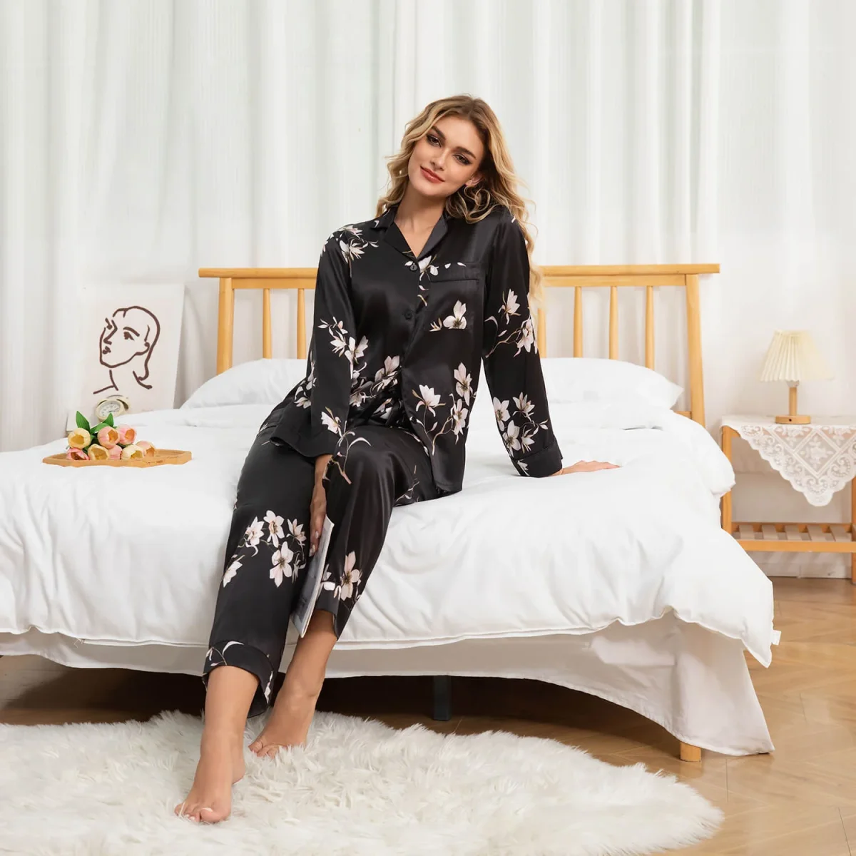 Conjunto de pijama de seda floral de manga larga con estampado de flores - Imagen 8