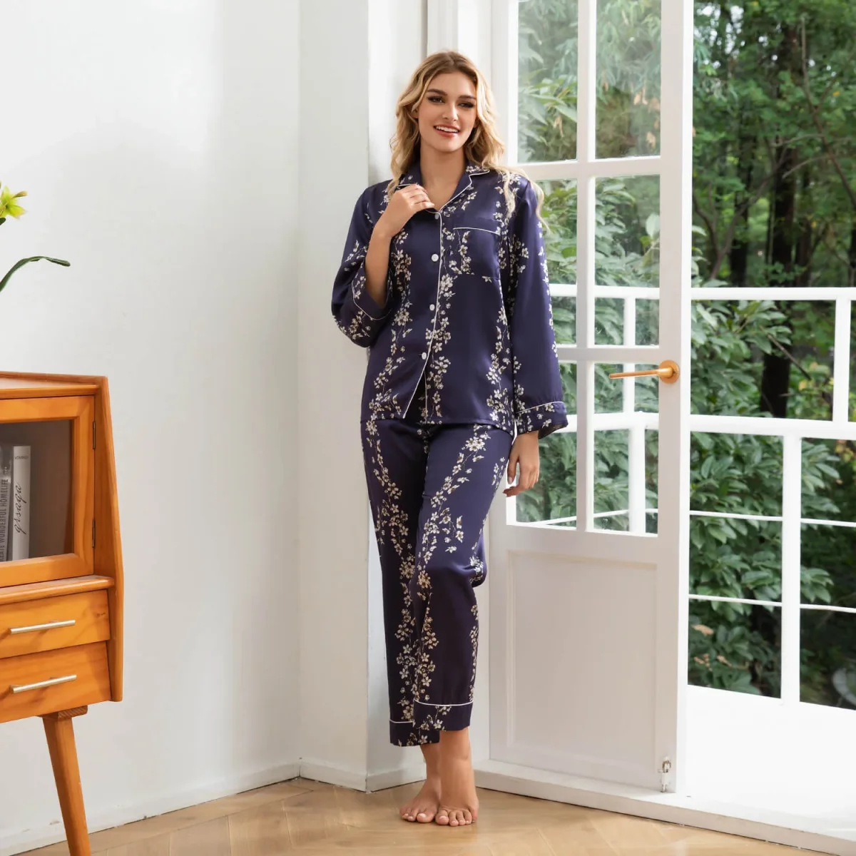 Pijamas de seda con estampado de flores para mujer Ropa de dormir de seda floral - Imagen 9