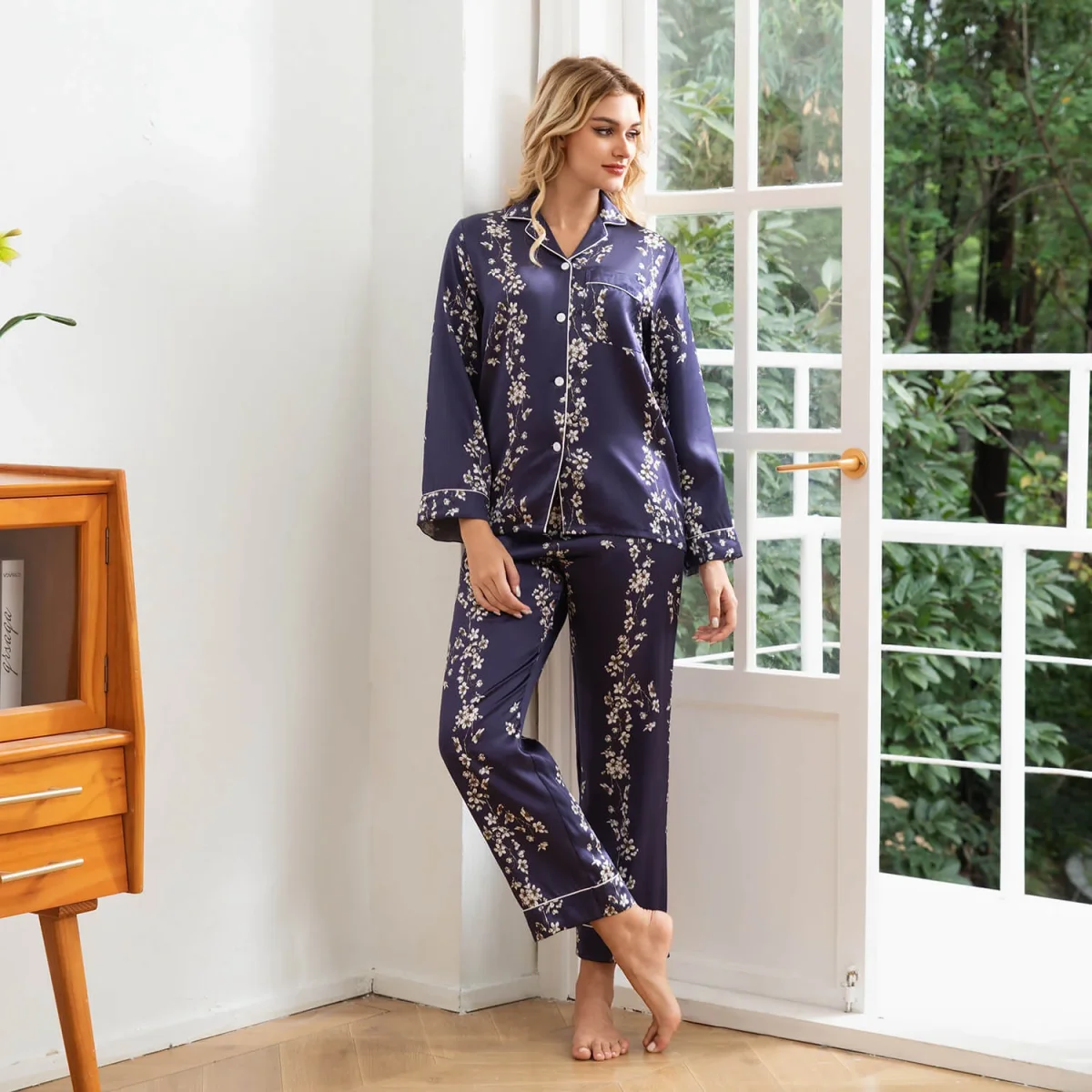 Pijamas de seda con estampado de flores para mujer Ropa de dormir de seda floral - Imagen 8