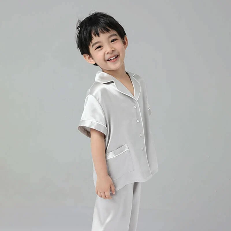 Pajama de seda de niños Juego de dos piezas Single Sleepwear de seda para niños cortos - Imagen 4