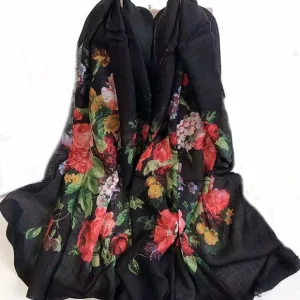 Bufanda de lana fina estampada «Flores negra»