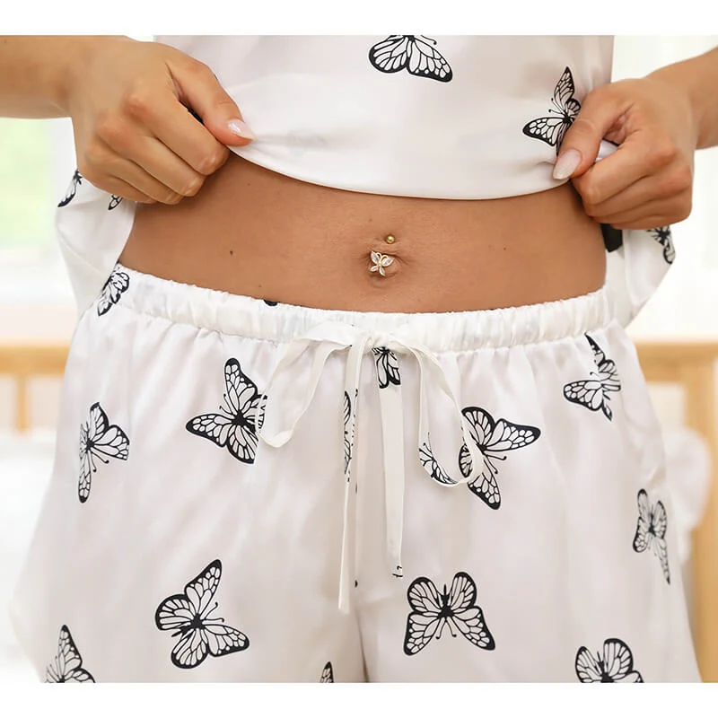 Conjunto de pijama camisola de seda corta con estampado de mariposas para mujer - Imagen 9