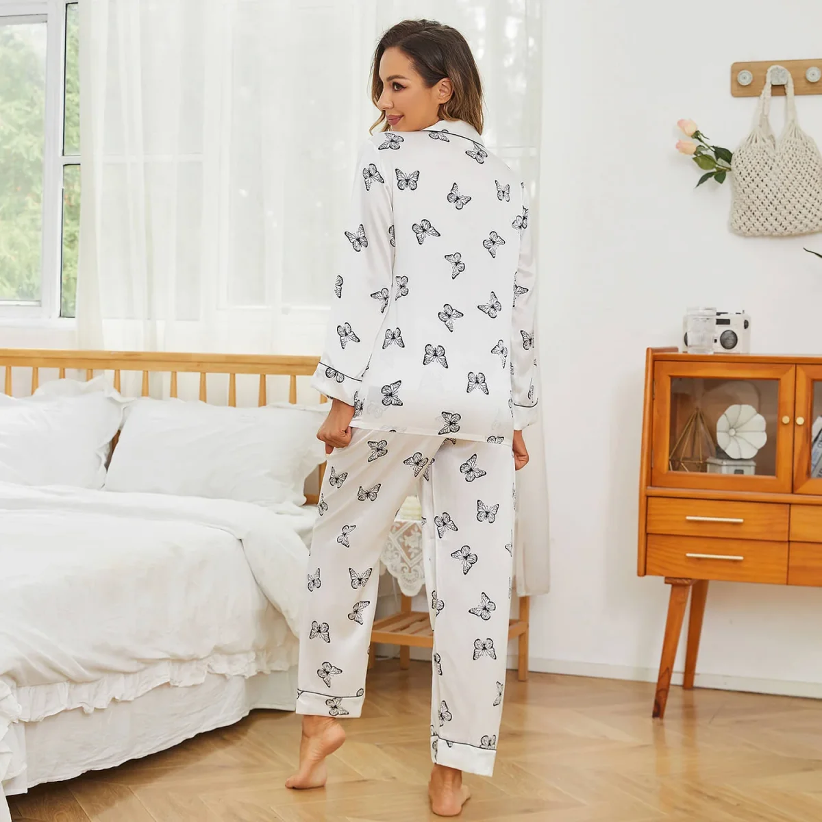 Conjunto de pijama de seda con estampado de mariposas largas para mujer - Imagen 7