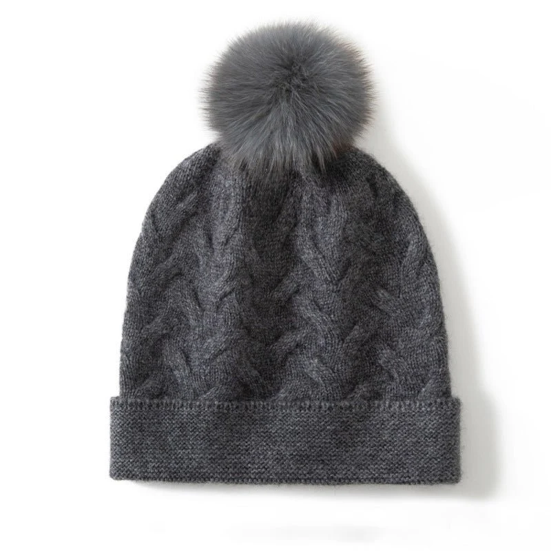 Gorro de cachemira de punto trenzado con gorro de cachemira texturizado con pompón - Imagen 4