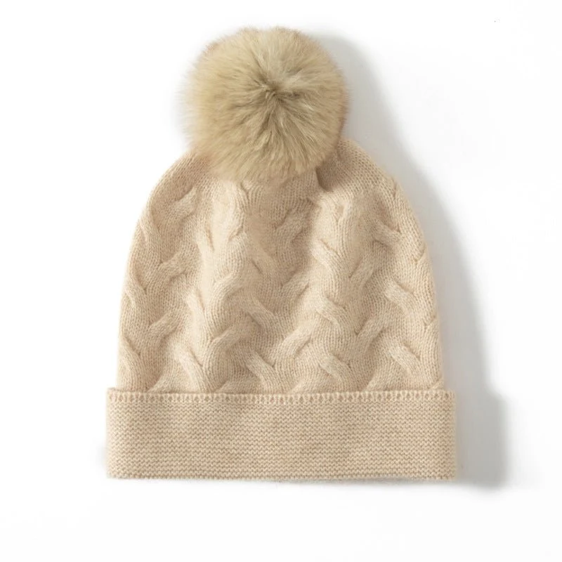 Gorro de cachemira de punto trenzado con gorro de cachemira texturizado con pompón - Imagen 3