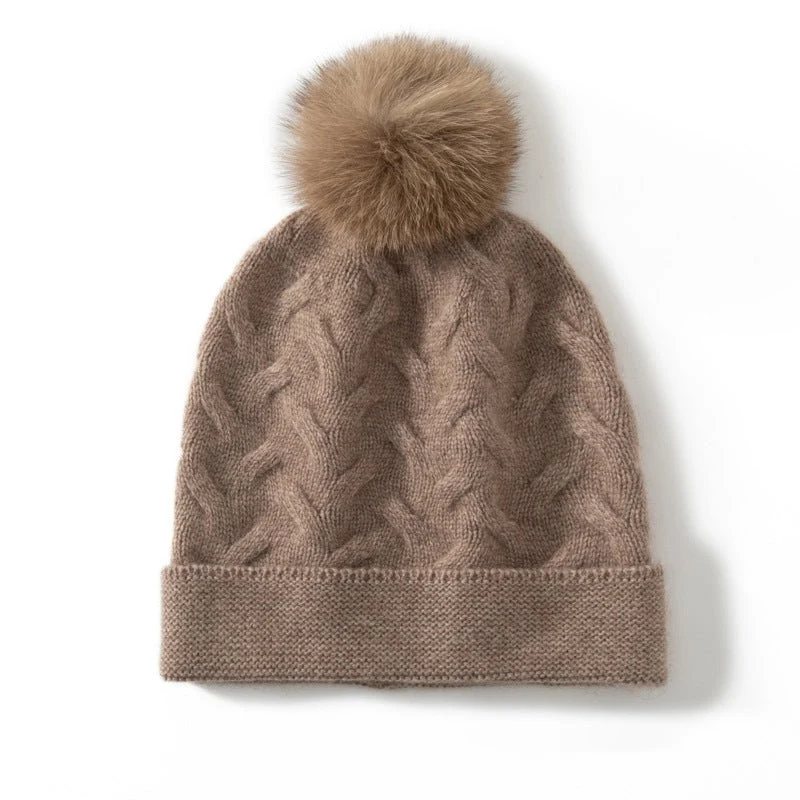 Gorro de cachemira de punto trenzado con gorro de cachemira texturizado con pompón - Imagen 2