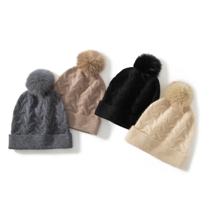 Gorro de cachemira de punto trenzado con gorro de cachemira texturizado con pompón - Imagen 6