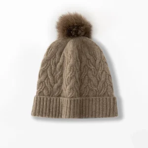 Gorro de punto trenzado de pura cachemira con pompón de pelo Gorro de cachemira con pompón esponjoso